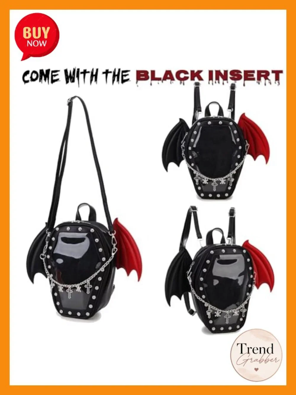 Gothic Coffin Shape Vegan Leather Ita Backpack Purse with Removable Inserts